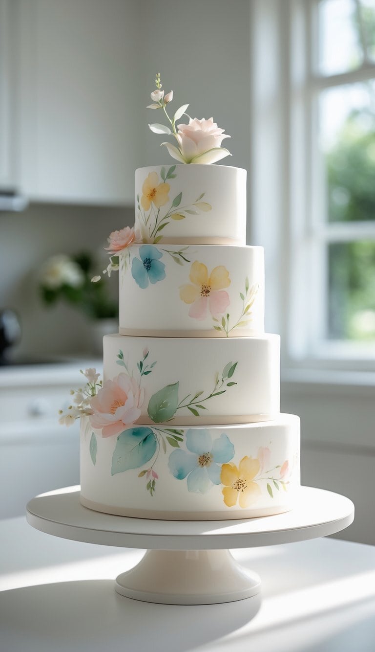 A four-tier white cake decorated with pastel-colored painted flowers and topped with a delicate sugar flower, displayed on a white cake stand in a bright, sunlit kitchen.