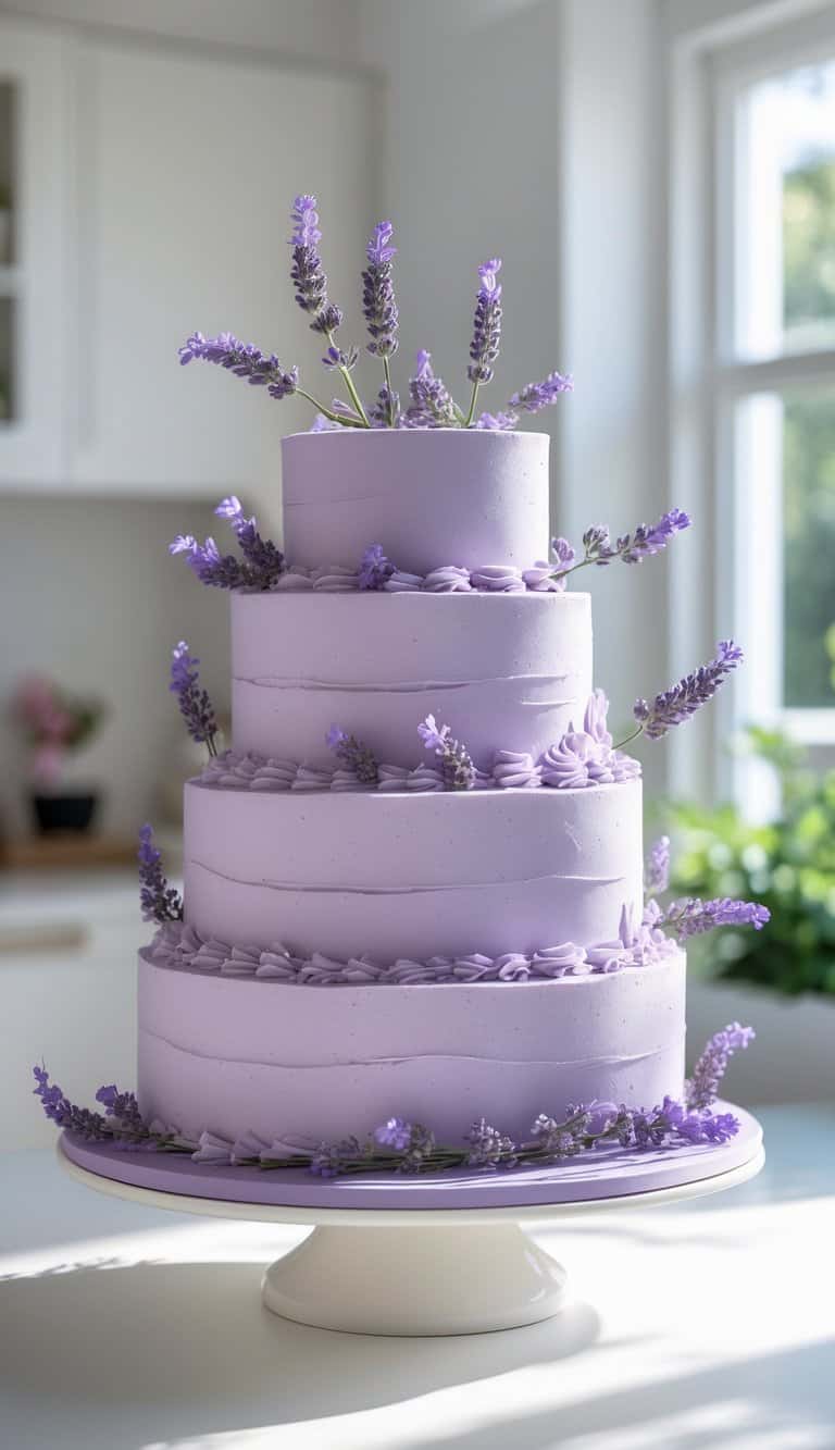 A four-tiered lavender cake decorated with sprigs of fresh lavender and piped frosting details, displayed on a white cake stand in a sunlit kitchen.