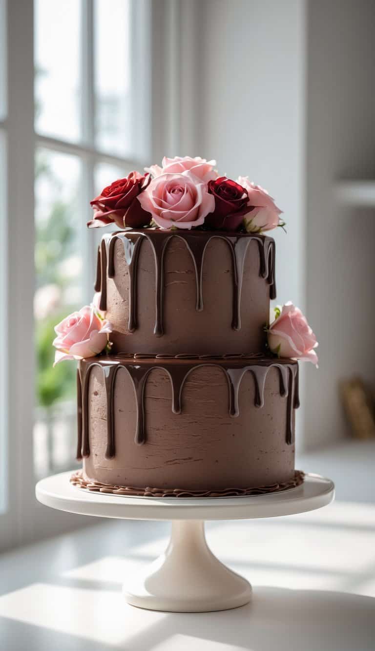 A two-tiered chocolate cake with dark chocolate ganache drips, decorated with pink and red roses, displayed on a white cake stand near a sunlit window.