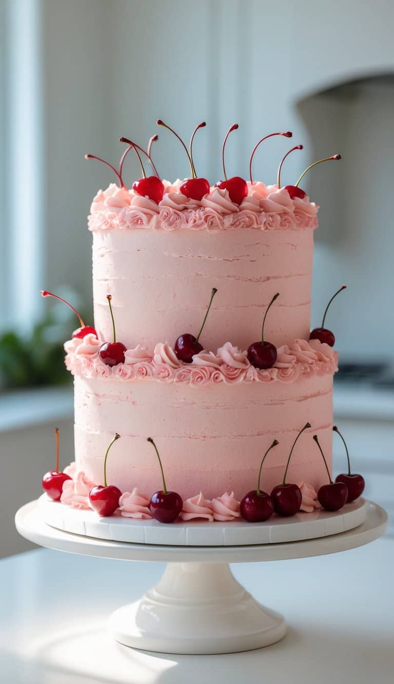 A two-tier pink frosted cake decorated with whole cherries and pink icing swirls, displayed on a white cake stand in a bright kitchen.