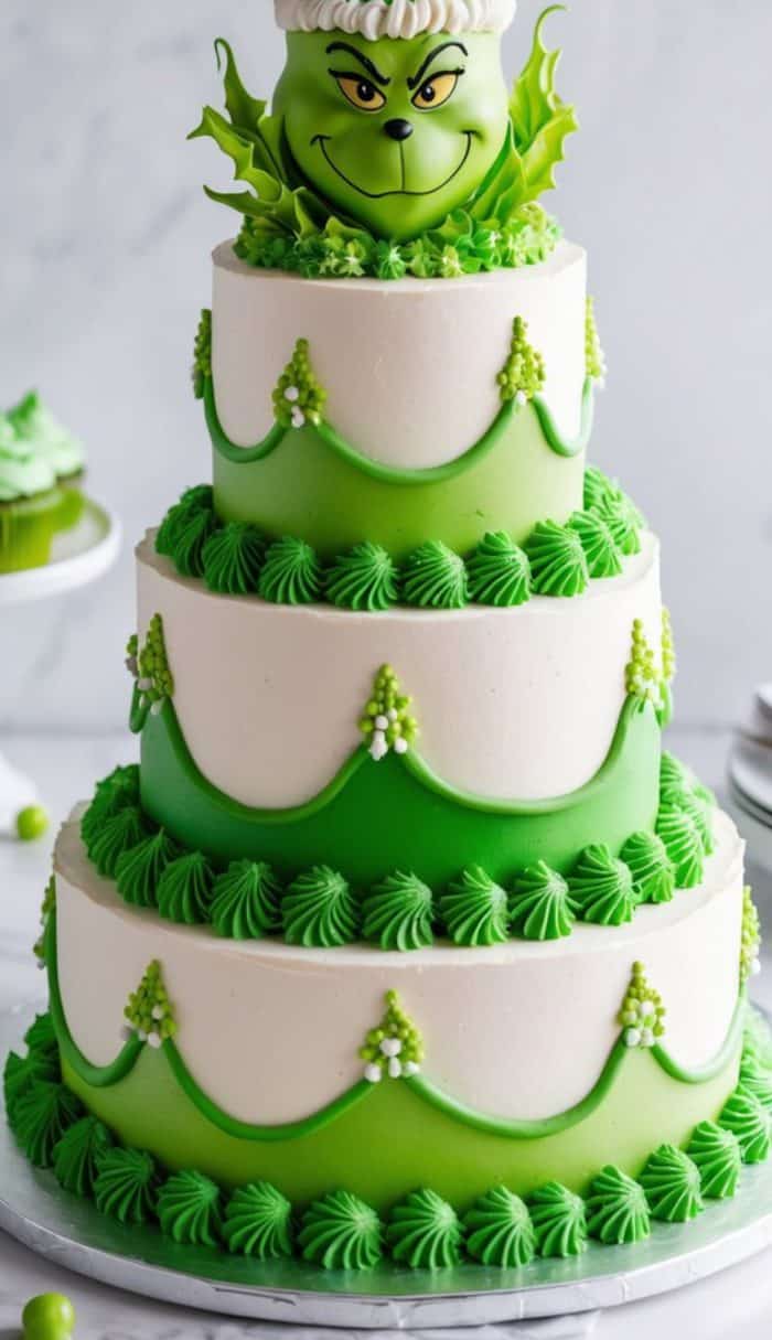 Three-tiered cake decorated in green and white with piped icing, featuring a sculpted Grinch face as the cake topper. The cake has festive green swags and small white floral accents.