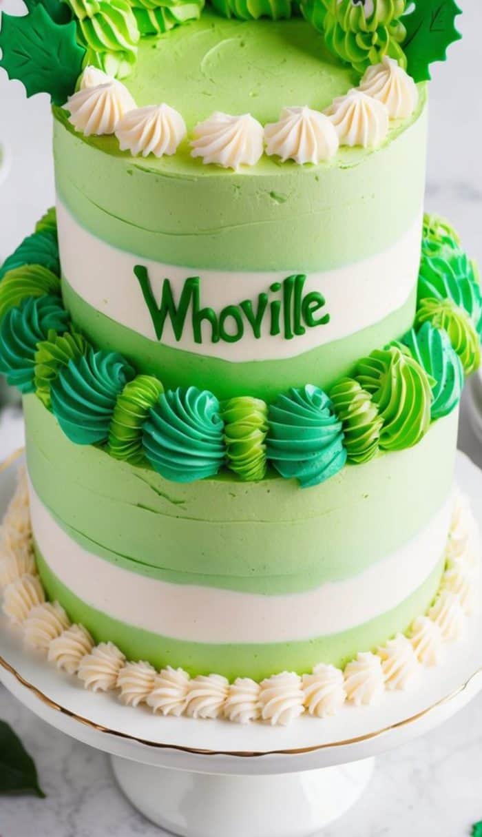 A two-tiered cake with light green, white, and darker green frosting, decorated with piped swirls and the word "Whoville" in green frosting on the middle tier. The cake sits on a white cake stand.