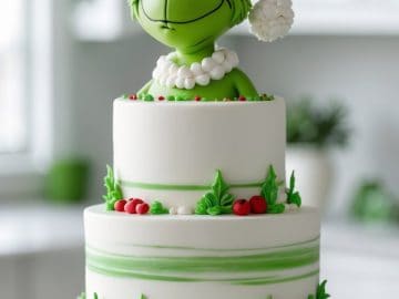A two-tiered white cake decorated with green accents, red berries, and topped with a sculpted figure of the Grinch wearing a Santa hat, displayed on a white cake stand in a bright kitchen.