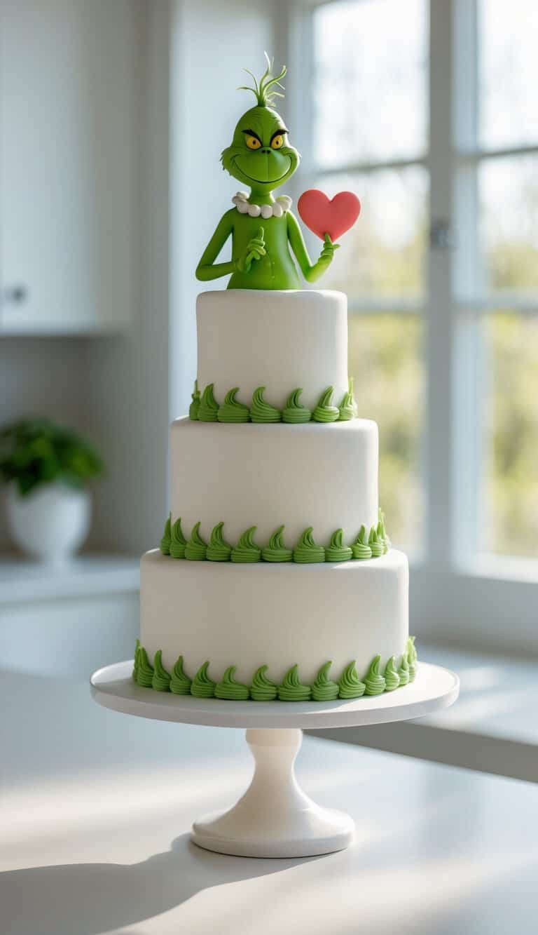 A three-tiered white cake with green icing accents is topped with a figure of the Grinch holding a red heart, displayed in a bright, modern kitchen.
