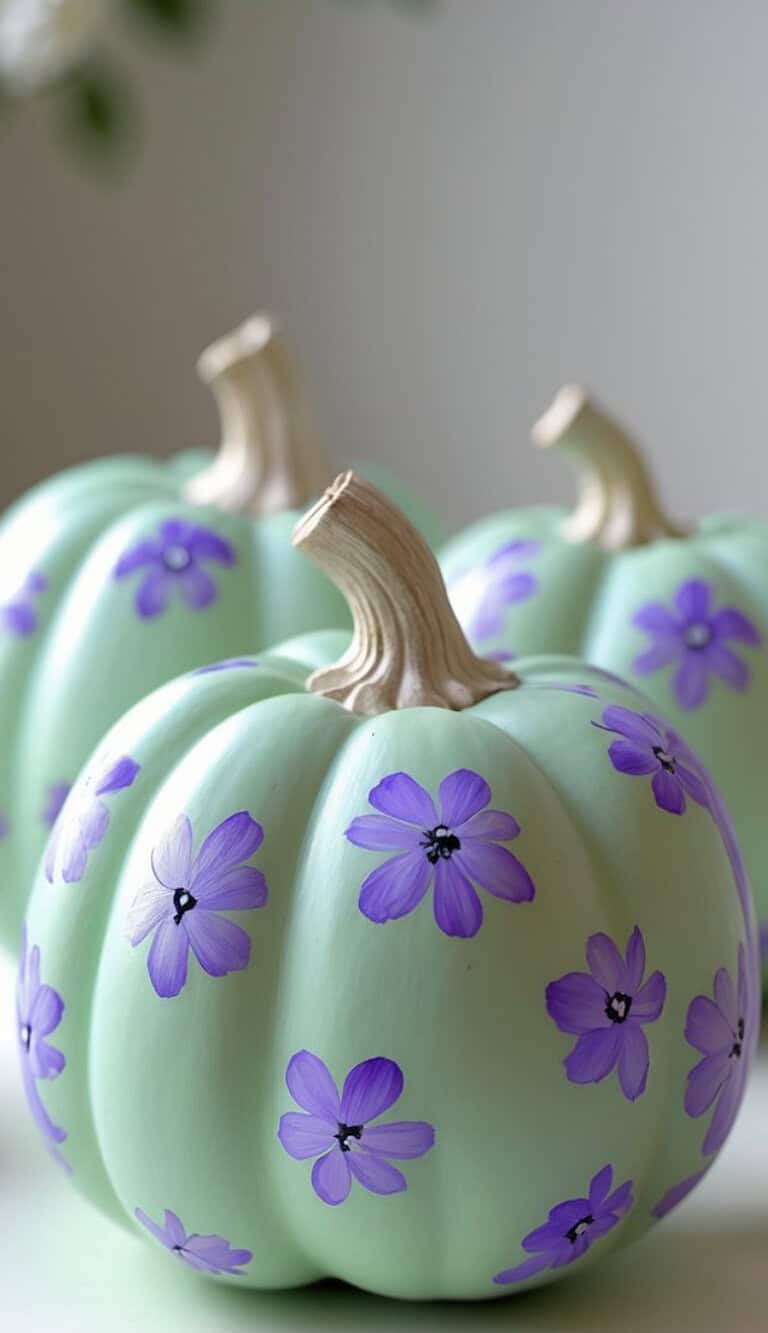 Three pale green pumpkins decorated with hand-painted purple flowers, arranged closely together on a light, neutral background.