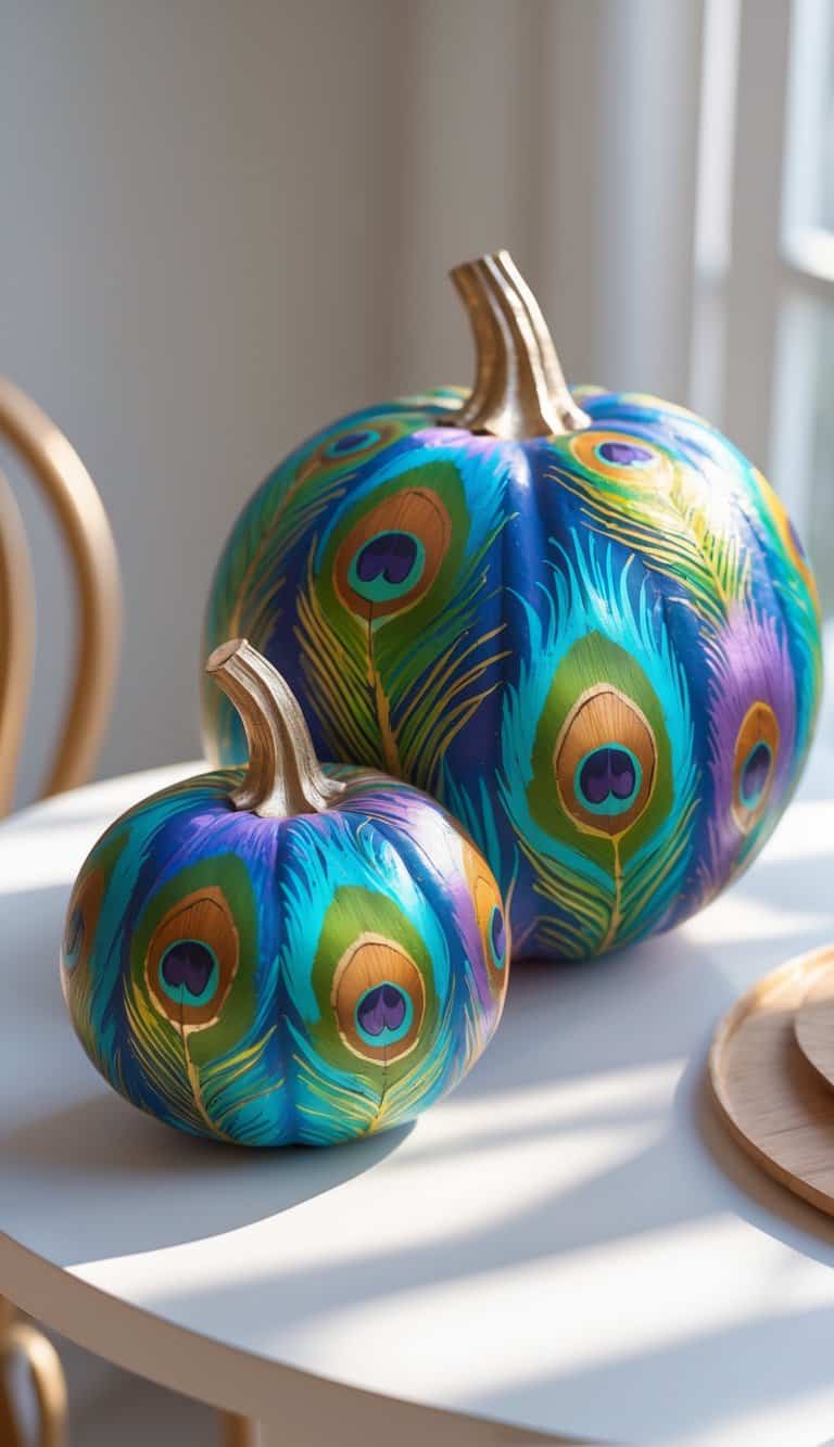 Two pumpkins on a white table are painted with vibrant peacock feather designs in blue, green, and gold. Sunlight streams in from a nearby window, casting soft shadows across the scene.