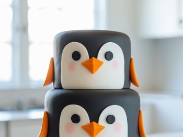 A two-tiered cake decorated to look like cute penguin faces with orange beaks and flippers, displayed on a white cake stand in a bright, modern kitchen.