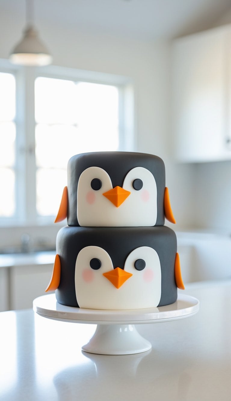 A two-tiered cake decorated to look like cute penguin faces with orange beaks and flippers, displayed on a white cake stand in a bright, modern kitchen.