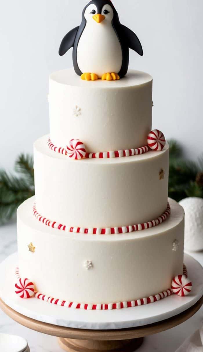 A three-tier white cake decorated with red and white peppermint candies, small snowflakes, and topped with a cute fondant penguin. The cake sits on a wooden stand with greenery in the background.