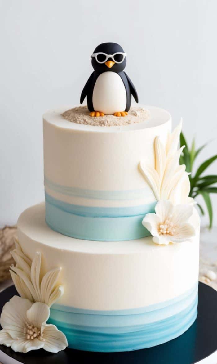 A two-tier cake with blue and white gradient icing, decorated with white flowers and a fondant penguin wearing sunglasses standing on sandy crumbs on the top tier.