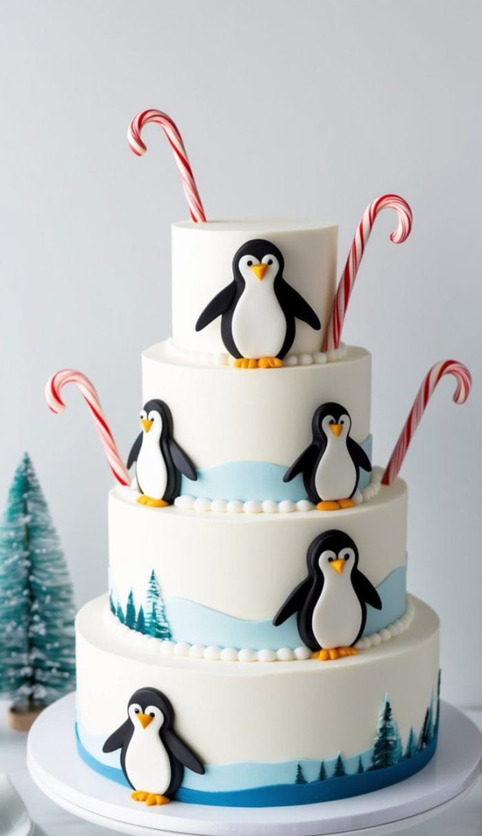 A three-tiered white cake decorated with penguin figures, blue wintery designs, candy canes, and pine tree patterns, set next to small model pine trees on a light background.