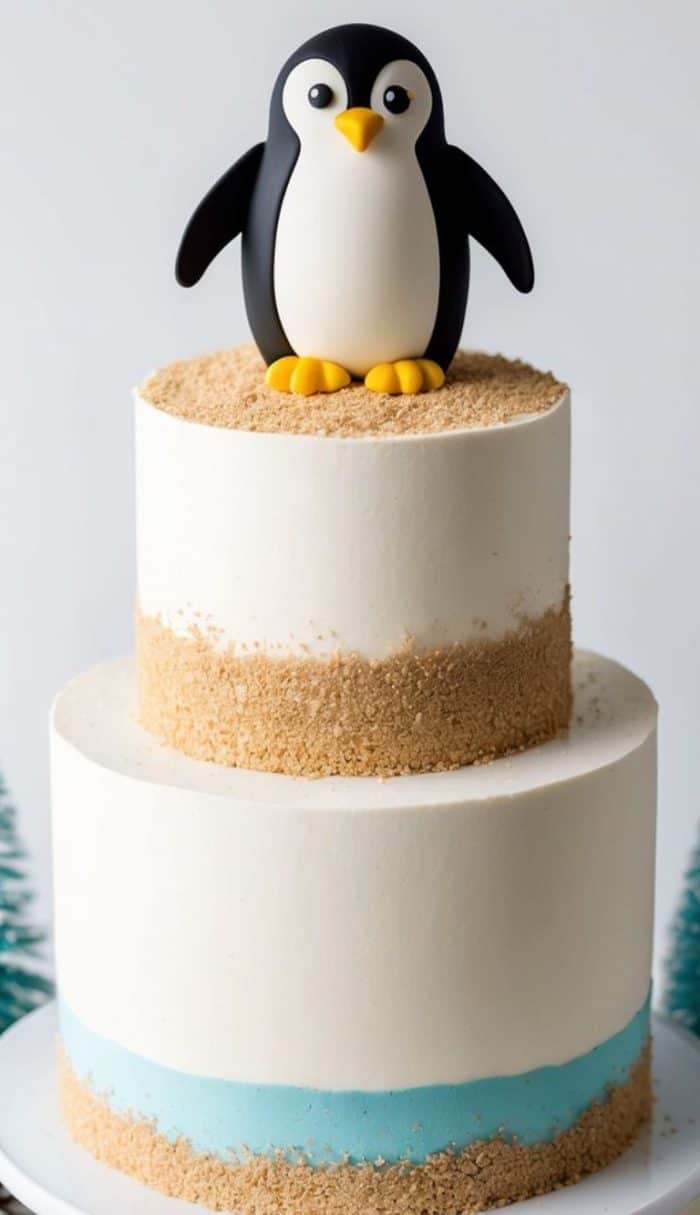 Two-tier white cake with a blue stripe on the bottom tier, decorated with cookie crumb “sand” and topped with a cute penguin figurine.