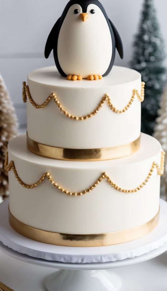 A two-tier white cake with gold bead garlands and gold ribbon borders, topped with a fondant penguin. The background features small decorative trees.