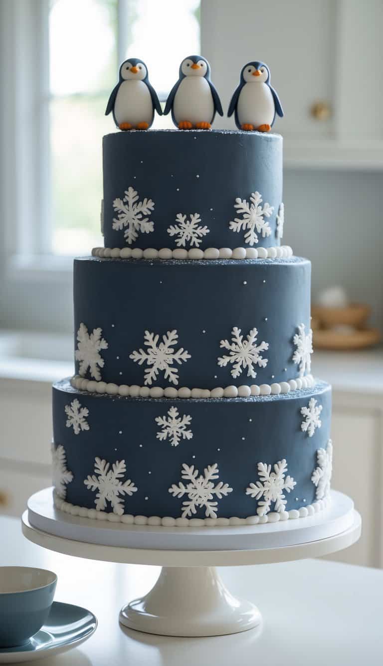A three-tiered blue cake decorated with white snowflakes and small white pearls, topped with three fondant penguins, displayed on a white cake stand in a bright kitchen.
