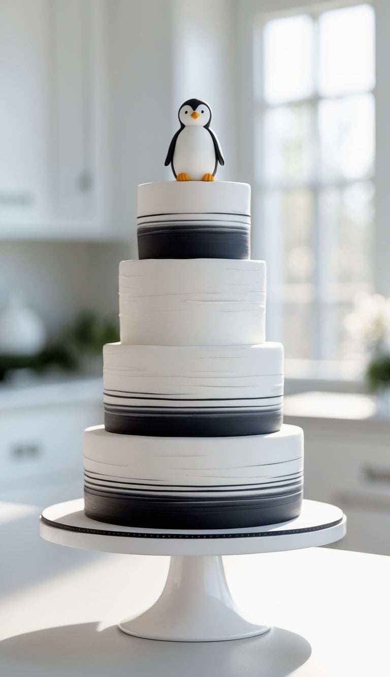 A four-tiered white cake with black horizontal stripes, topped with a cute penguin figurine, sits on a white cake stand in a bright kitchen with sunlight streaming through the window.