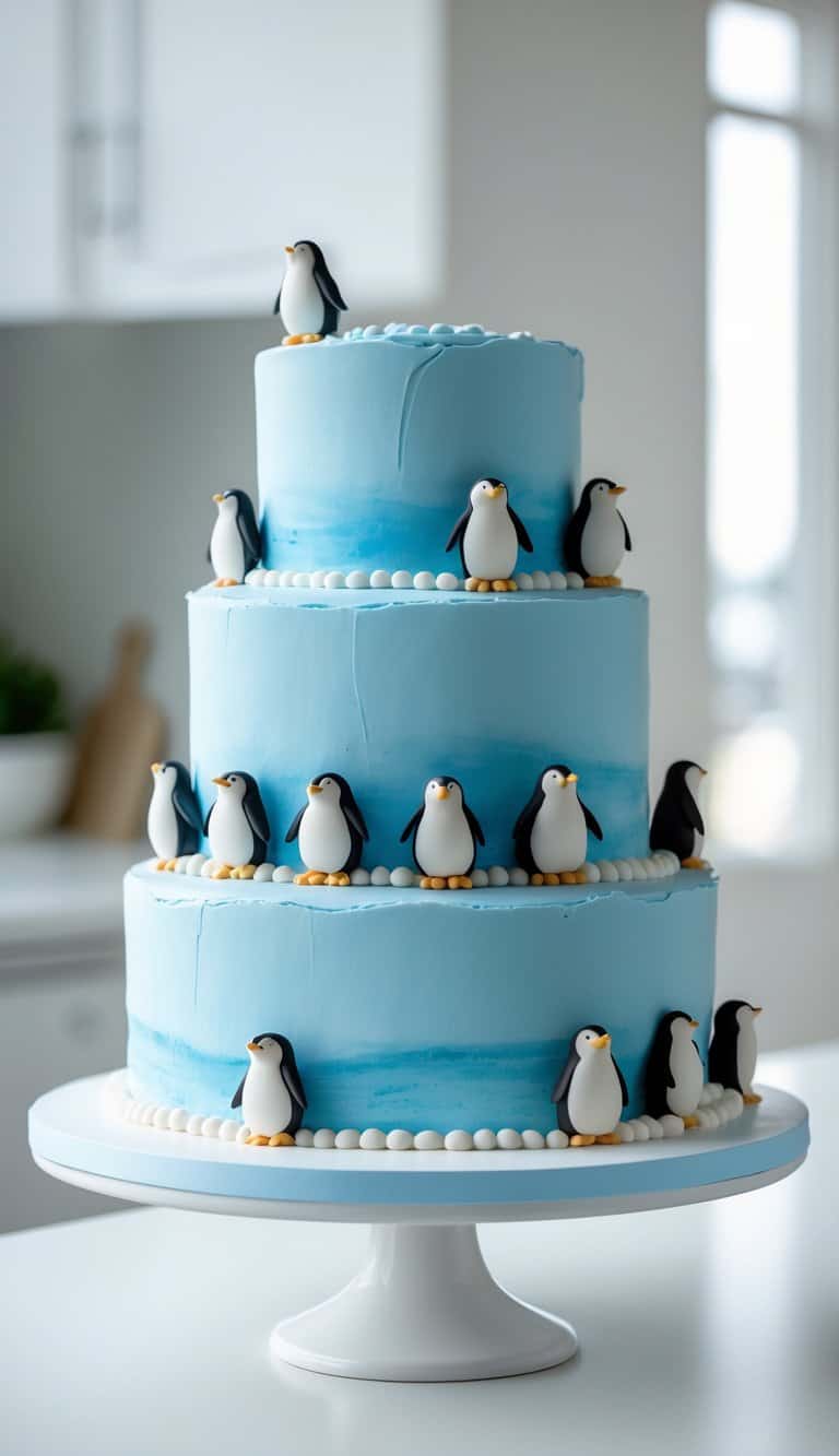 Three-tiered blue cake decorated with small fondant penguins and white pearl-like borders, displayed on a white cake stand in a bright kitchen setting.