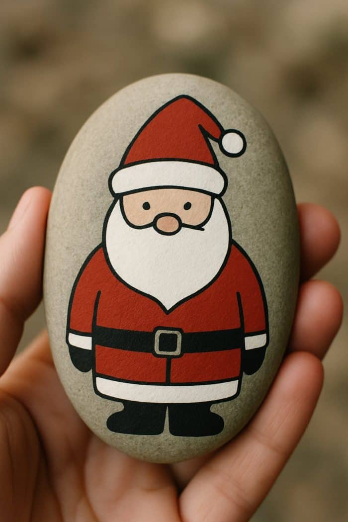 A hand holds a smooth stone painted with a simple, cartoon-style Santa Claus wearing a red suit, hat, and black belt, against a blurred brown background.
