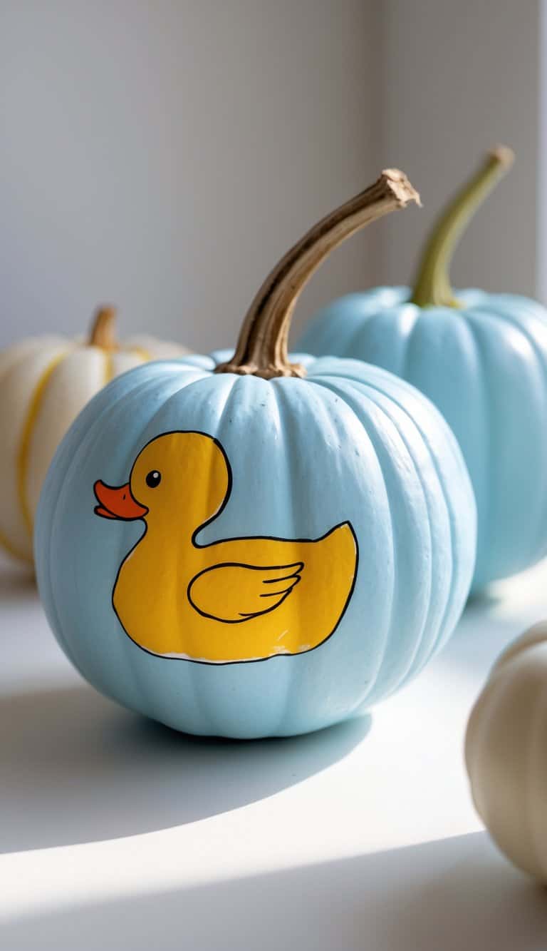 A light blue pumpkin with a painted yellow rubber duck on its side sits among other white and blue pumpkins in bright natural light.