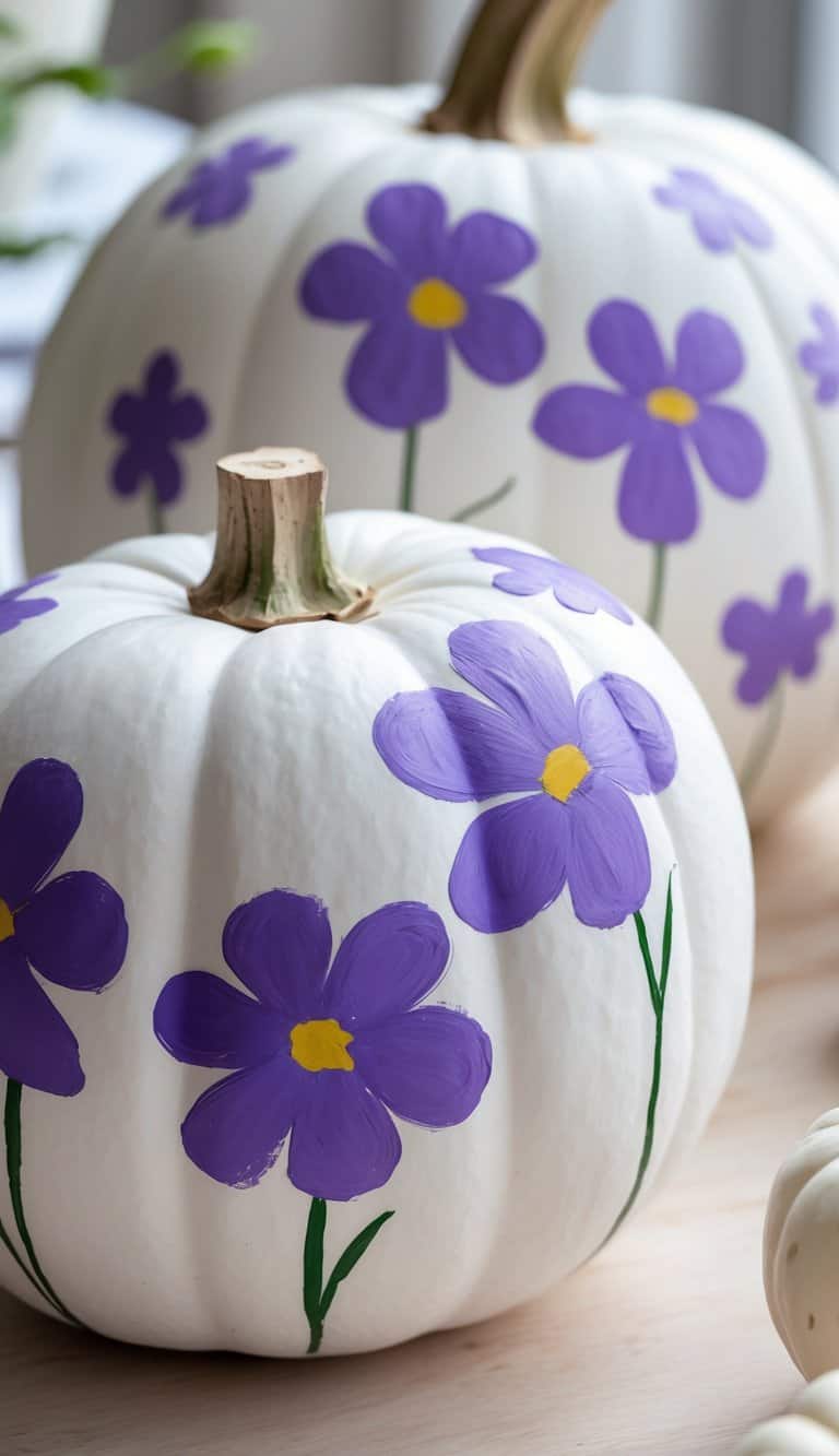 Two white pumpkins decorated with hand-painted purple flowers and green stems, sitting on a light wooden surface.