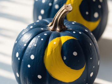 Two pumpkins painted dark blue with white dots resembling stars and a large yellow crescent moon on each, sitting on a white surface in natural light.