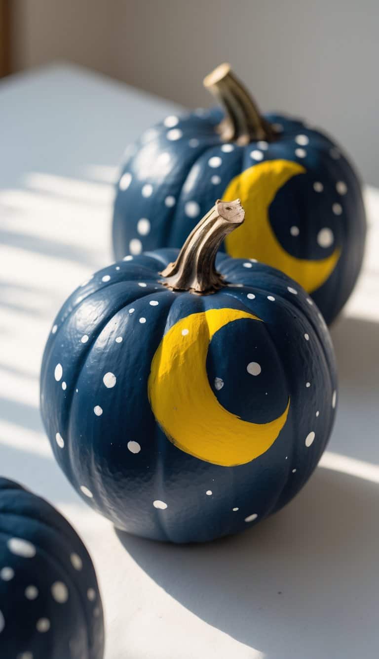 Two pumpkins painted dark blue with white dots resembling stars and a large yellow crescent moon on each, sitting on a white surface in natural light.