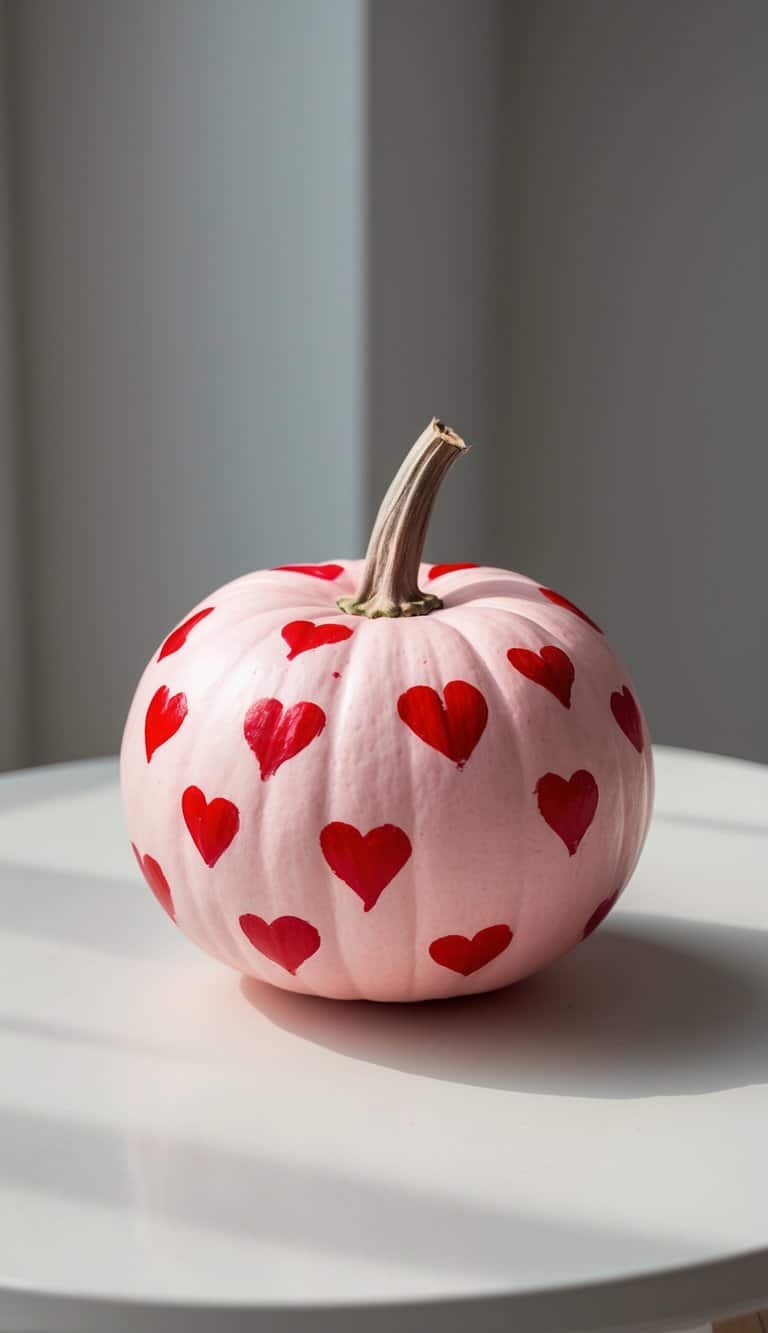 A pale pink pumpkin decorated with red heart shapes sits on a white surface, with soft natural light illuminating the scene.