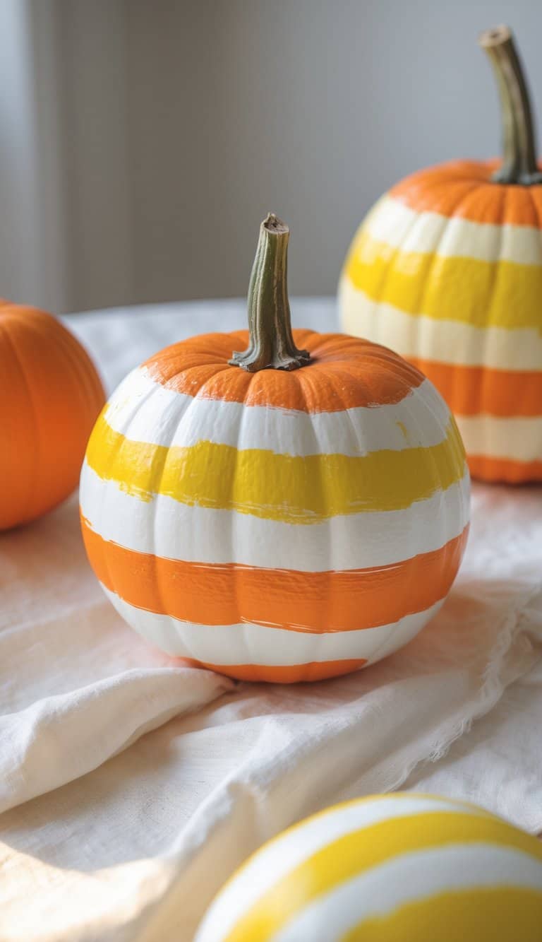 A pumpkin painted with horizontal orange, yellow, and white stripes sits on a white cloth, with similarly painted and plain pumpkins in the background.