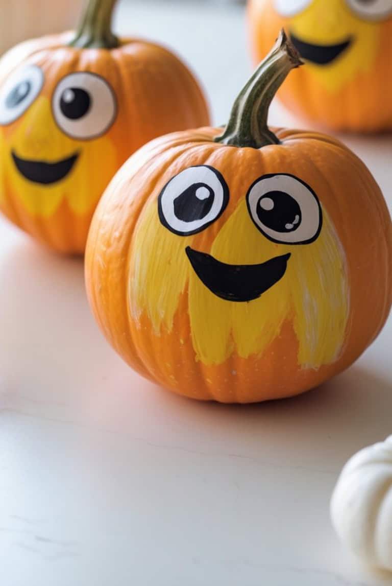 Three small pumpkins with cheerful cartoon faces painted in yellow, black, and white are displayed on a white surface. Their expressions are wide-eyed and smiling, giving a playful and friendly appearance.