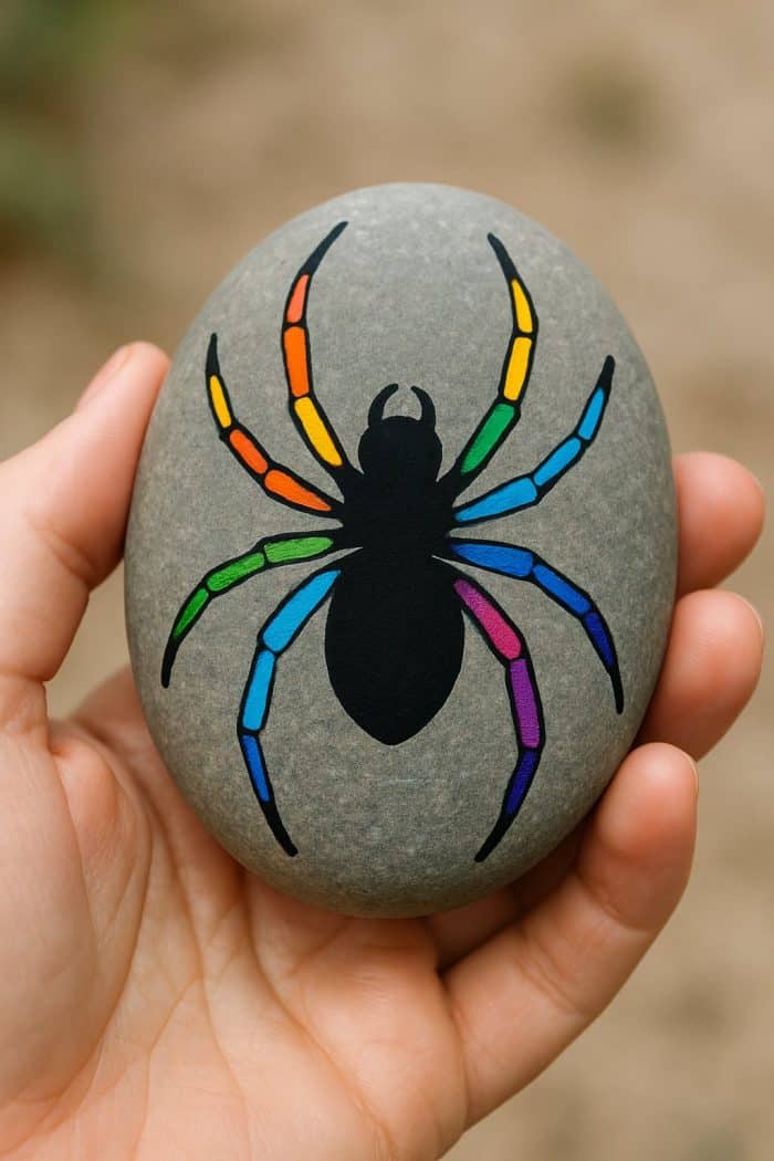 A hand holds a smooth gray stone painted with a black spider whose legs are decorated in rainbow colors.