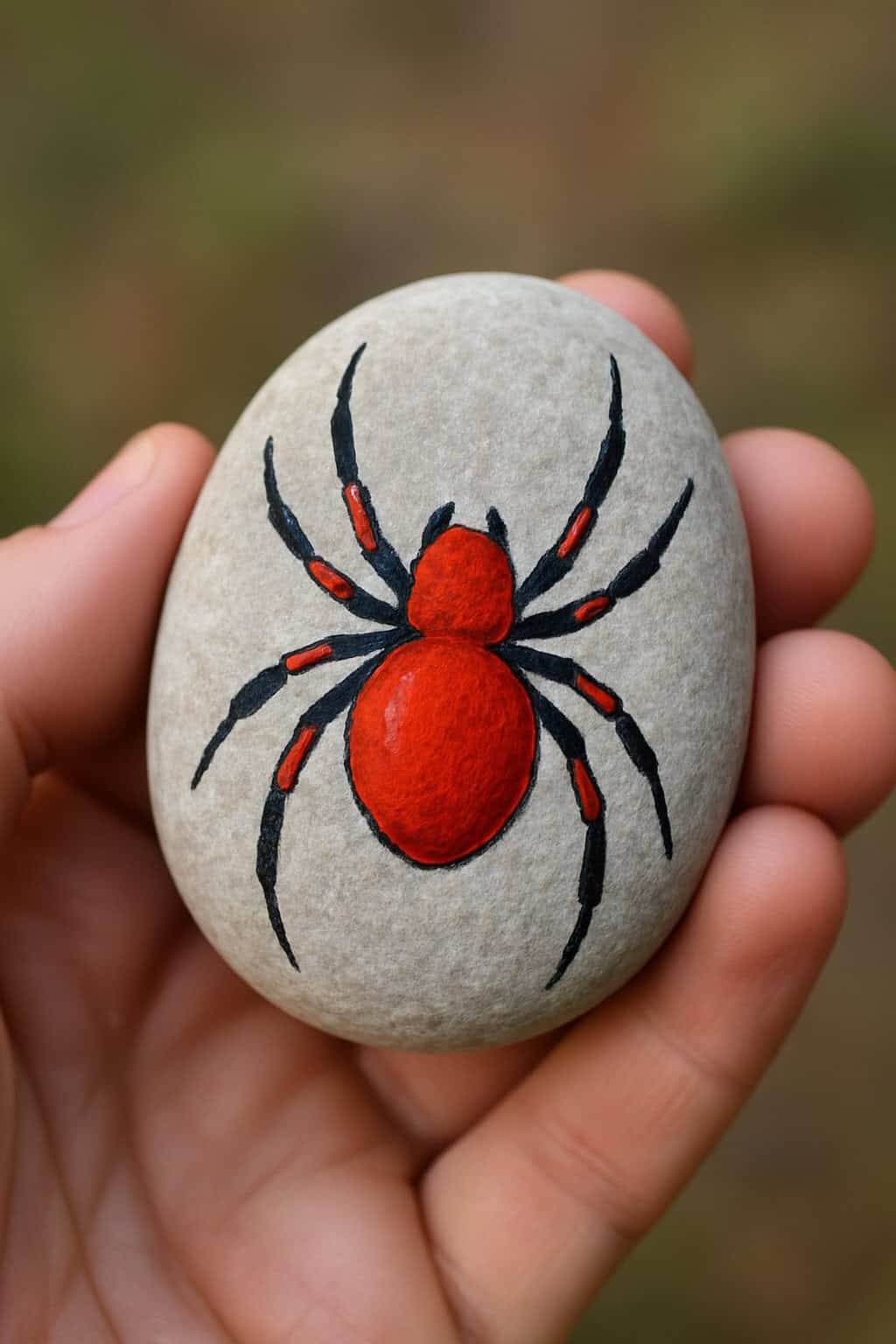 A hand holds a smooth gray stone with a detailed painting of a red and black spider on its surface. The background is softly blurred.