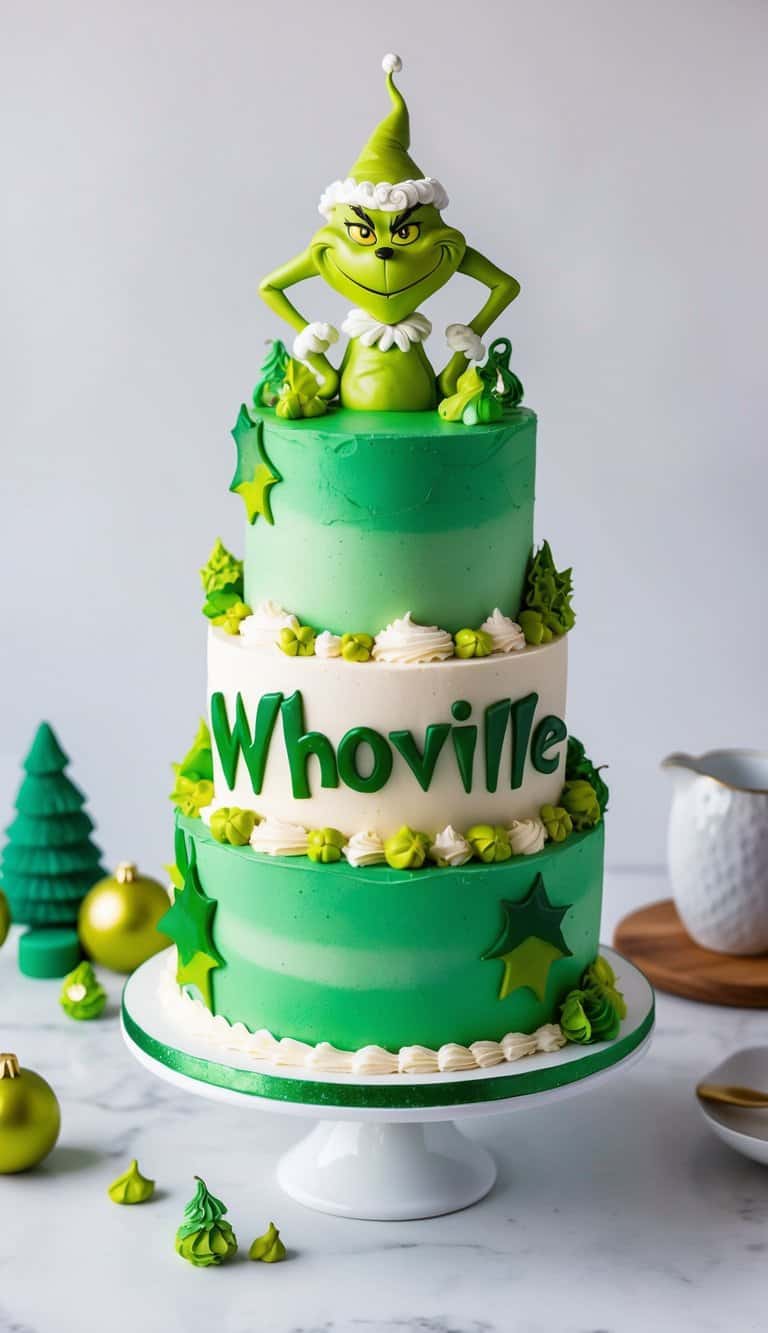 A festive Grinch-themed cake with green frosting and Whoville decorations