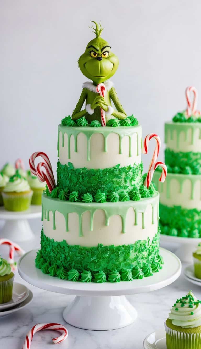 The Grinch holds a candy cane amidst festive Grinch-themed cakes with green frosting and Whoville-inspired decorations