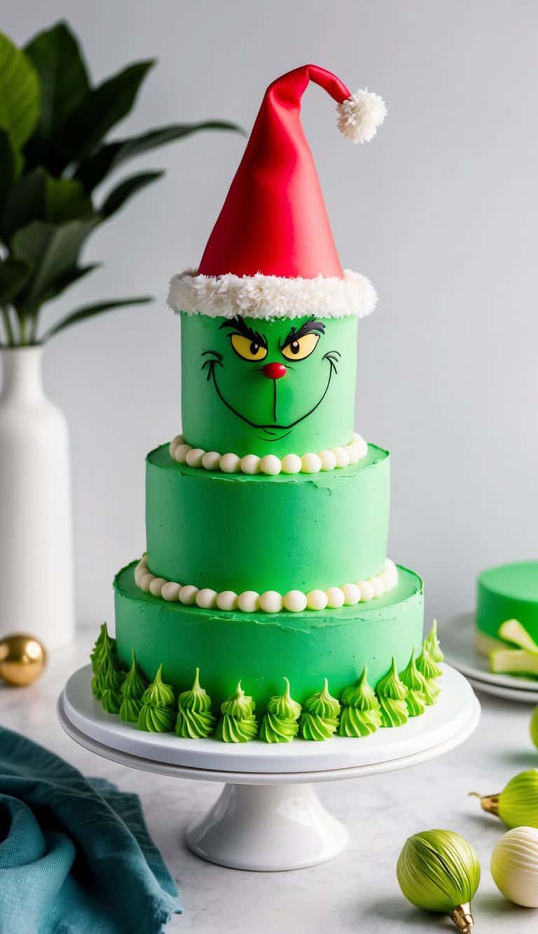 A festive Grinch-themed cake with green frosting and a Santa hat made of edible Grinch material