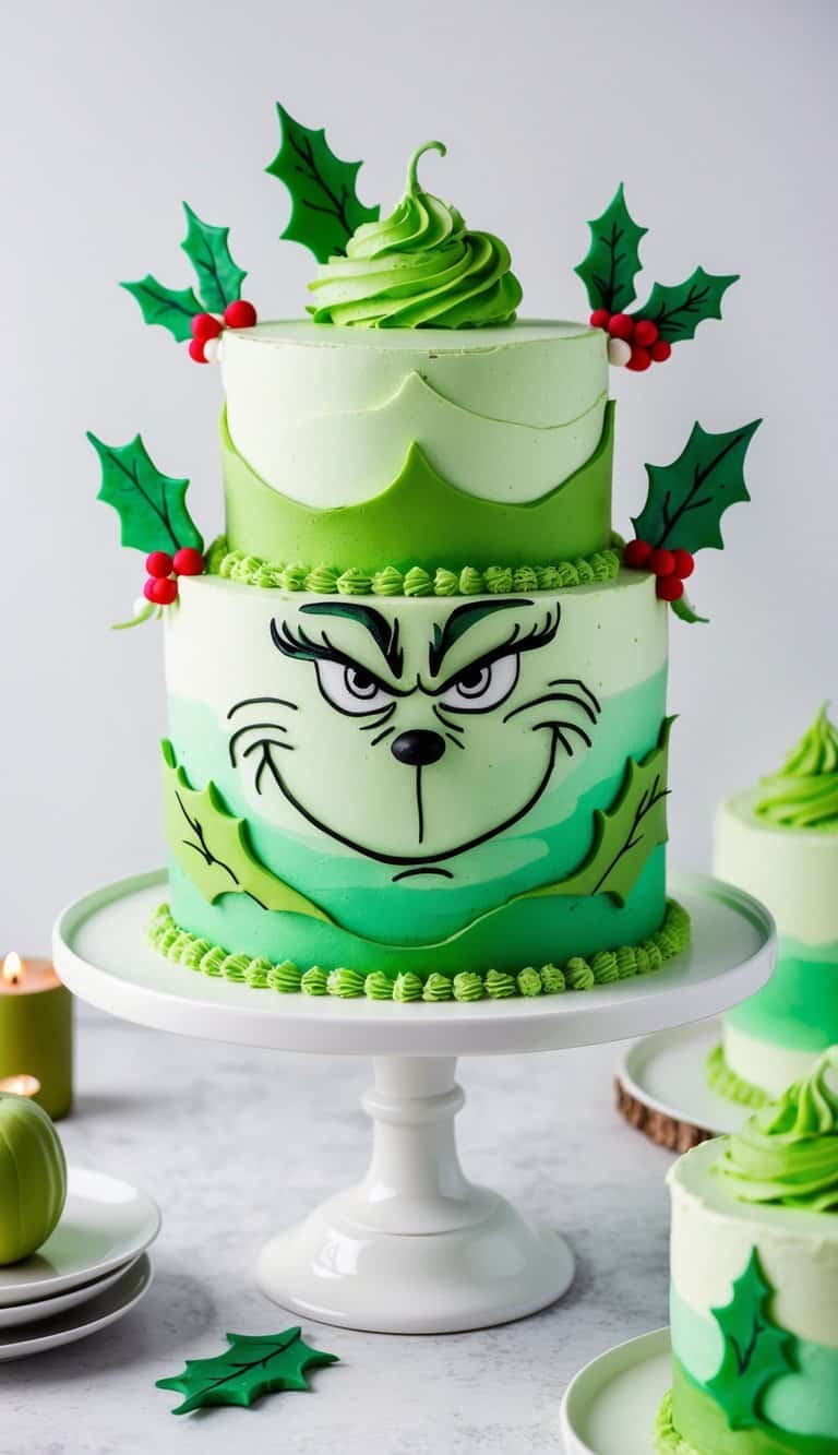 A whimsical Grinch-themed cake with green frosting, adorned with festive holly leaves and other whimsical decorations