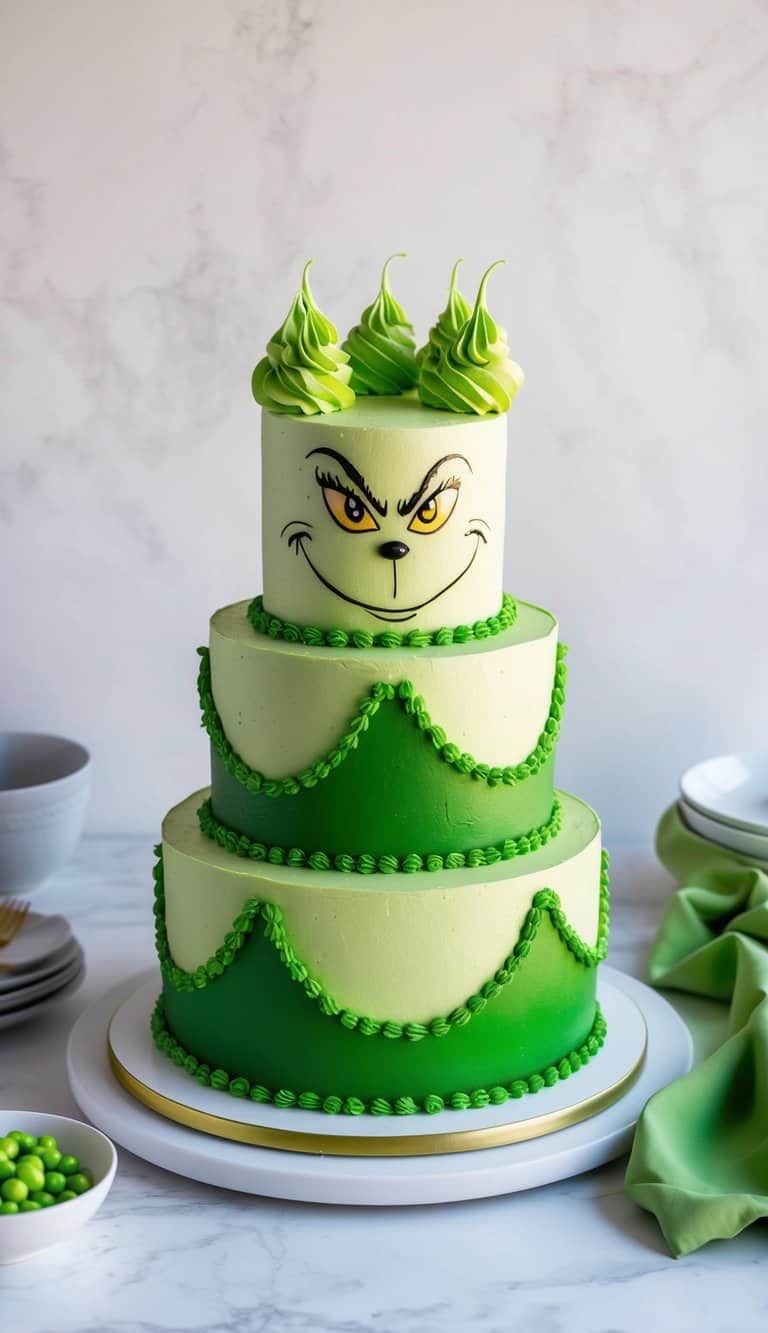 A Grinch-themed cake with green frosting and Whoville-inspired decorations