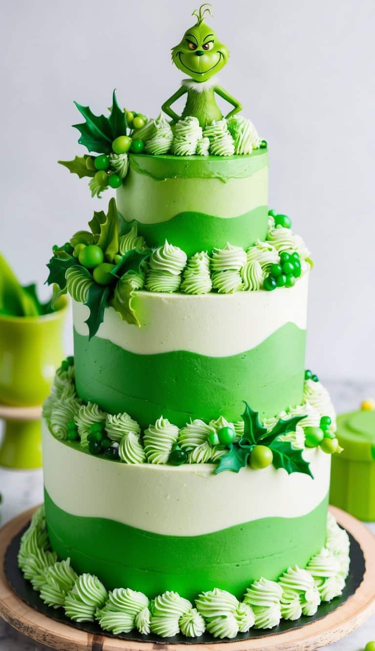 A festive Grinch-themed cake with green frosting and Whoville-inspired decorations