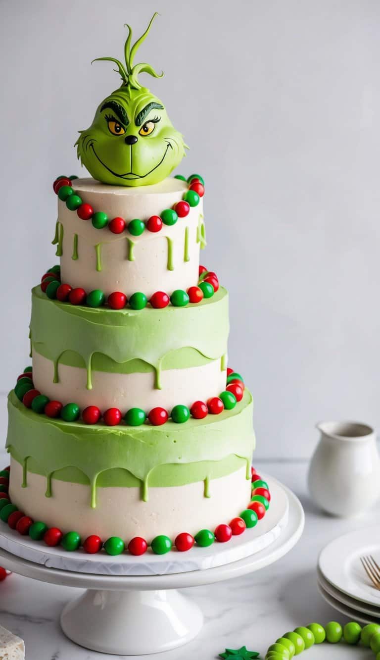 A Grinch-themed cake adorned with green and red candy garland
