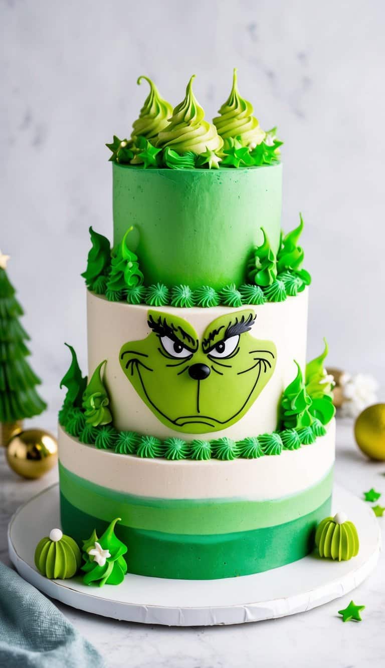 A festive Grinch-themed cake with green frosting and Whoville-inspired decorations