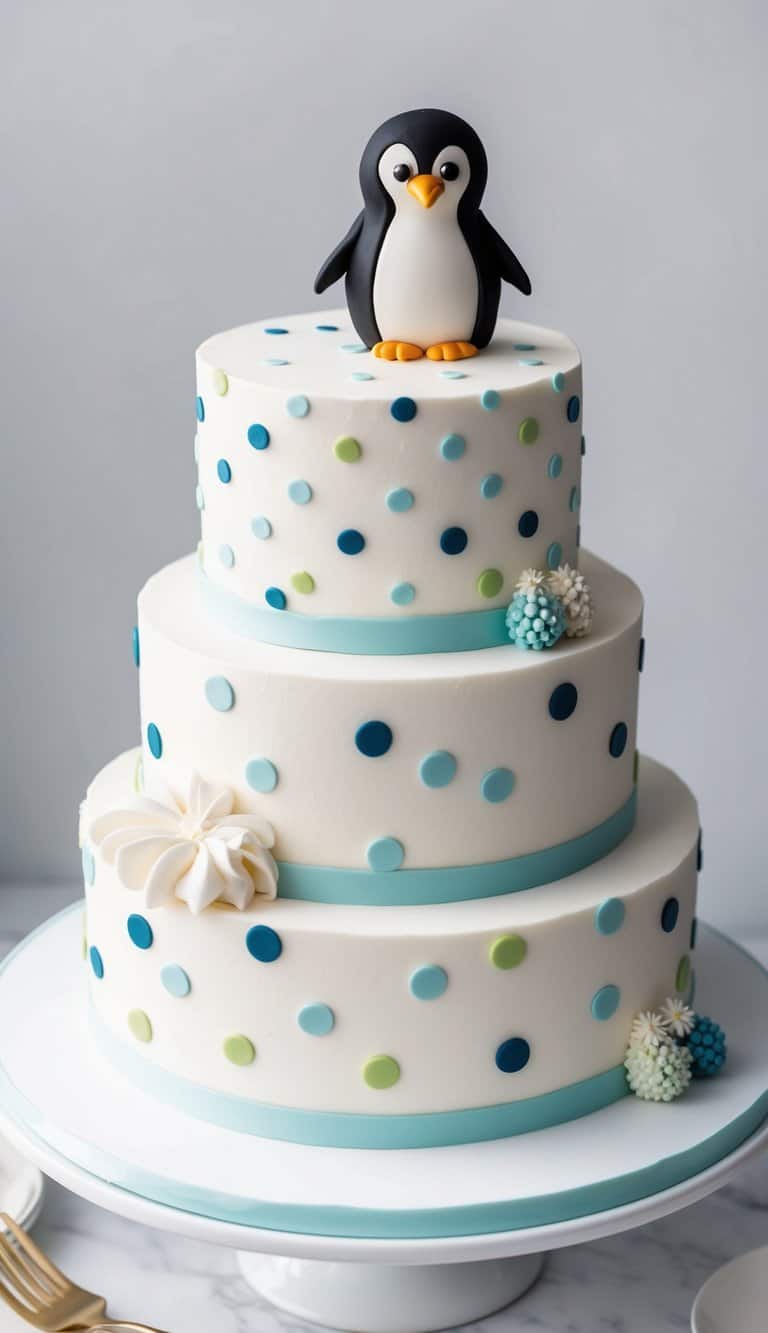 A penguin-themed cake adorned with a polka dot pattern and round sprinkles