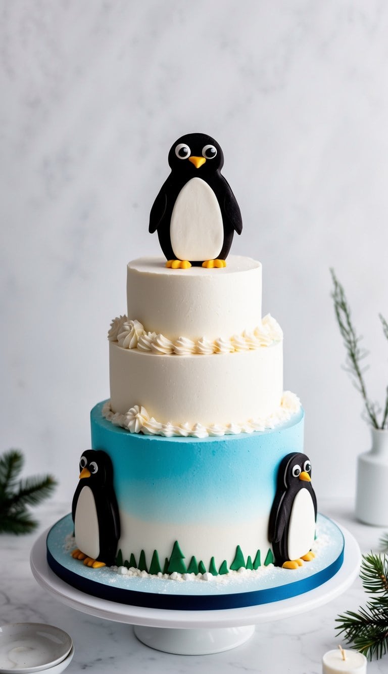 Penguin-themed cake with cookie feet standing on a snowy landscape