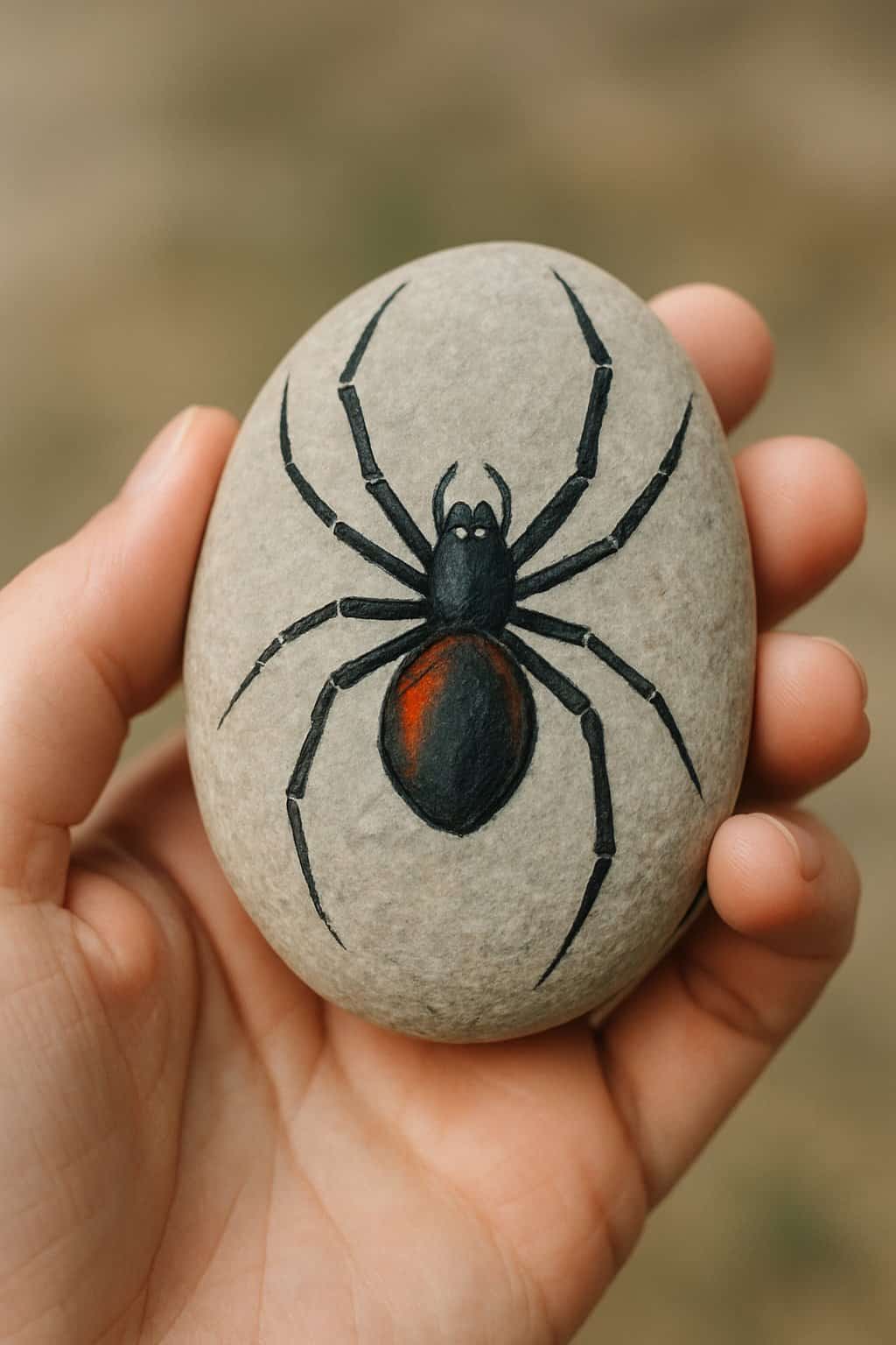A hand holding a smooth river rock painted with a spider design.