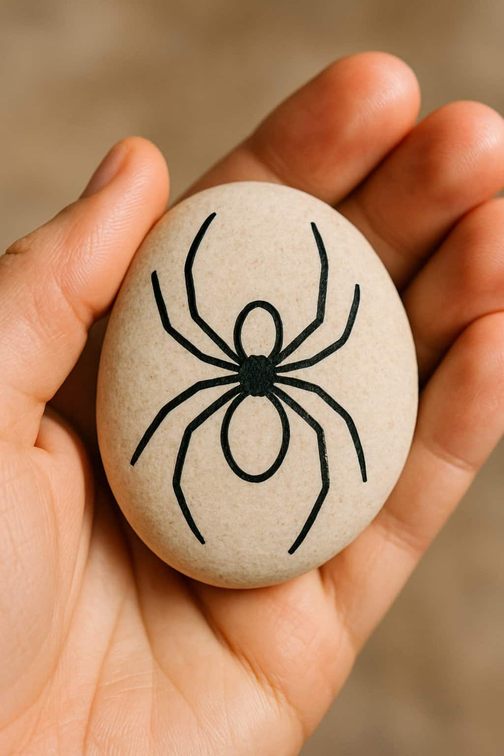 A hand holding a smooth painted rock with a spider design.