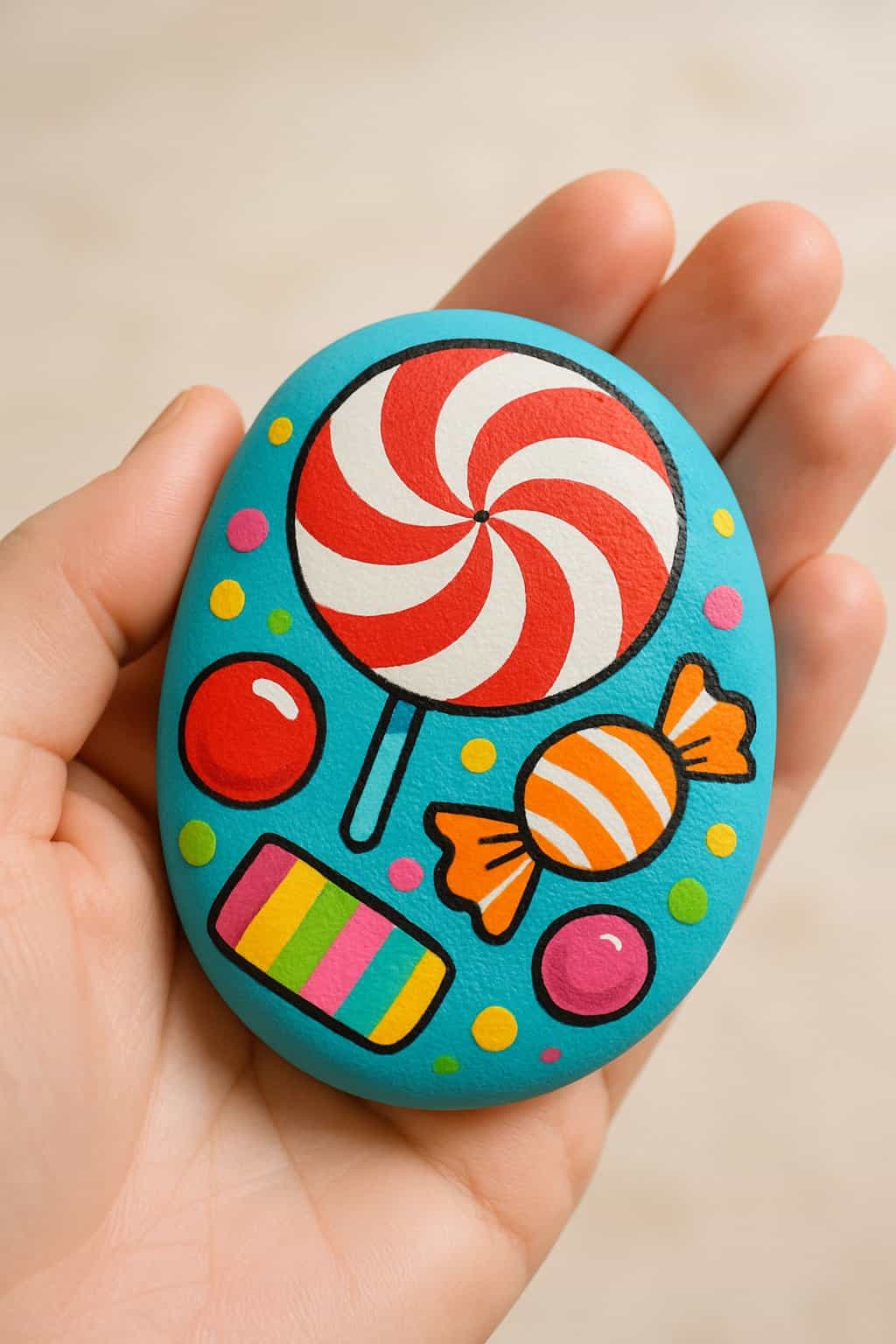 A hand holding a smooth painted river rock with colorful candy-inspired designs.