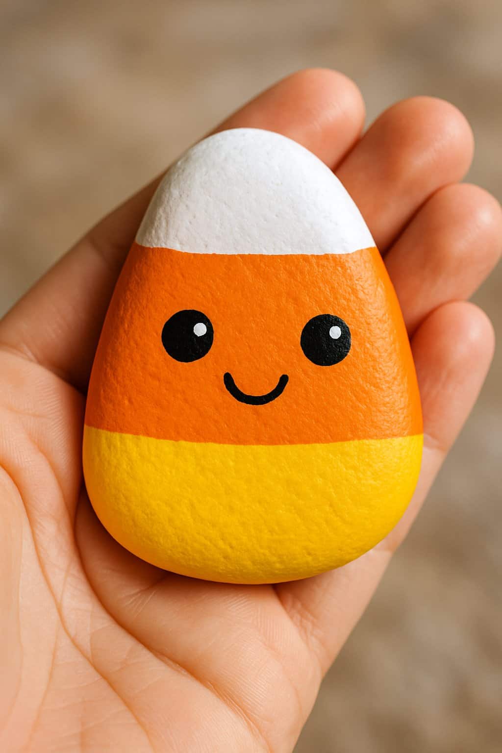 A hand holding a small painted rock with a candy corn design and a smiling face.