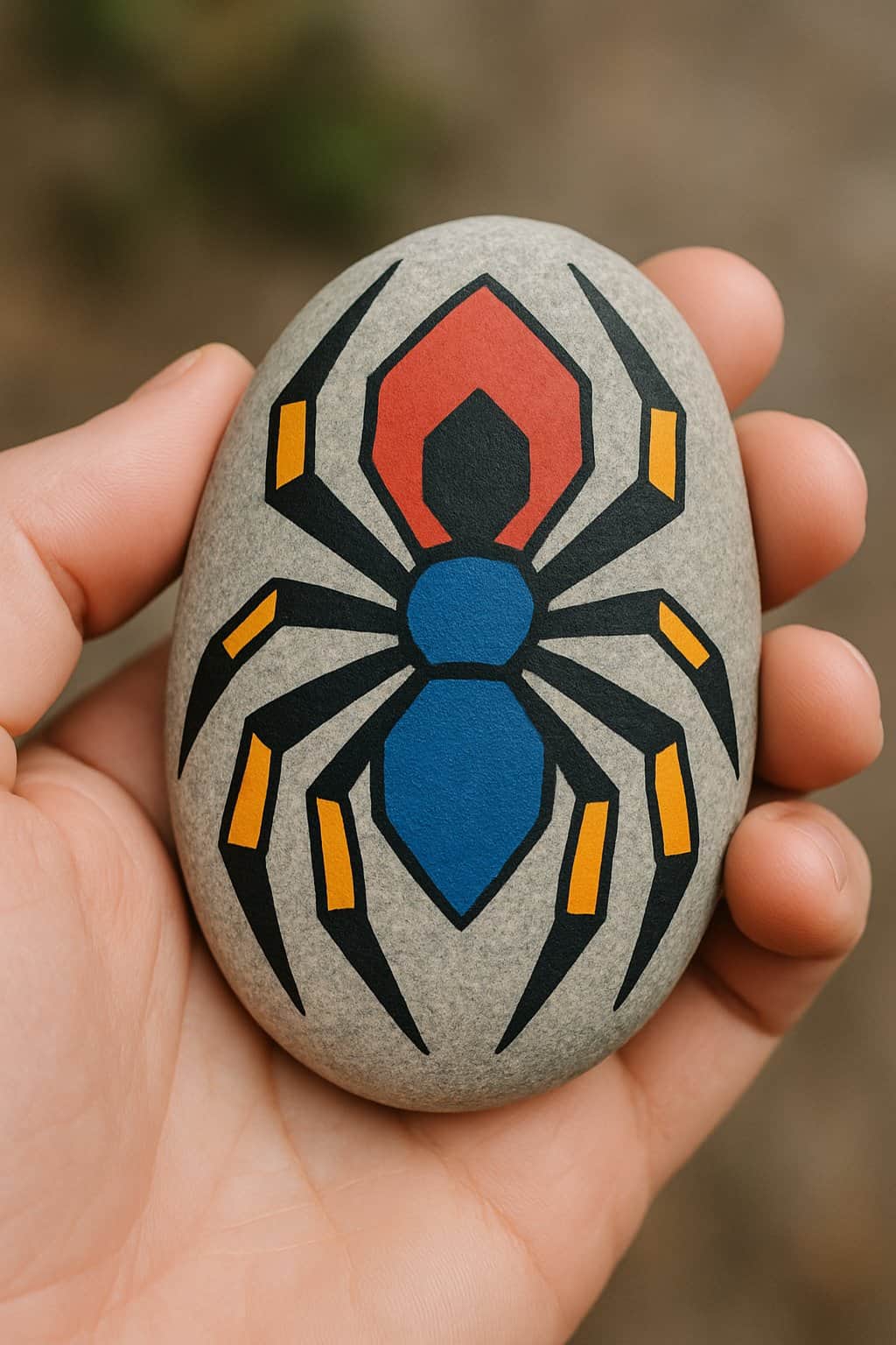 A hand holding a smooth river rock painted with an abstract geometric spider design.