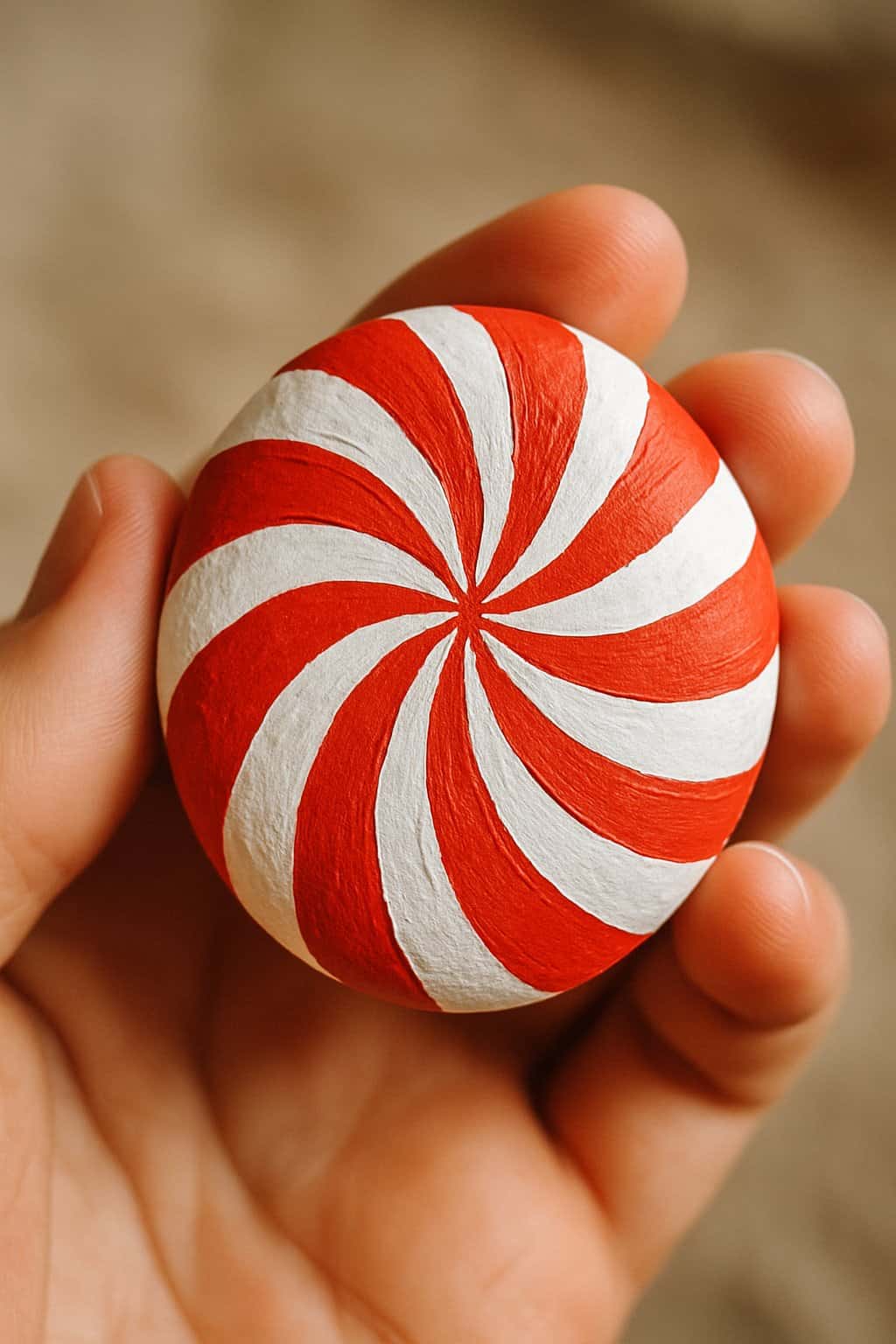 A hand holding a smooth river rock painted with red and white striped peppermint swirl design.