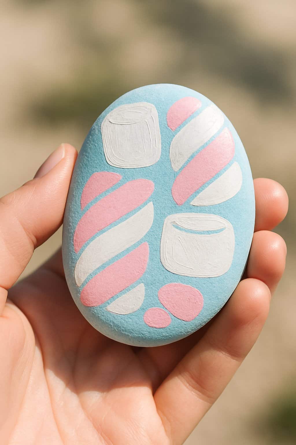 A hand holding a smooth river rock painted with marshmallow-themed designs in soft pastel colors.
