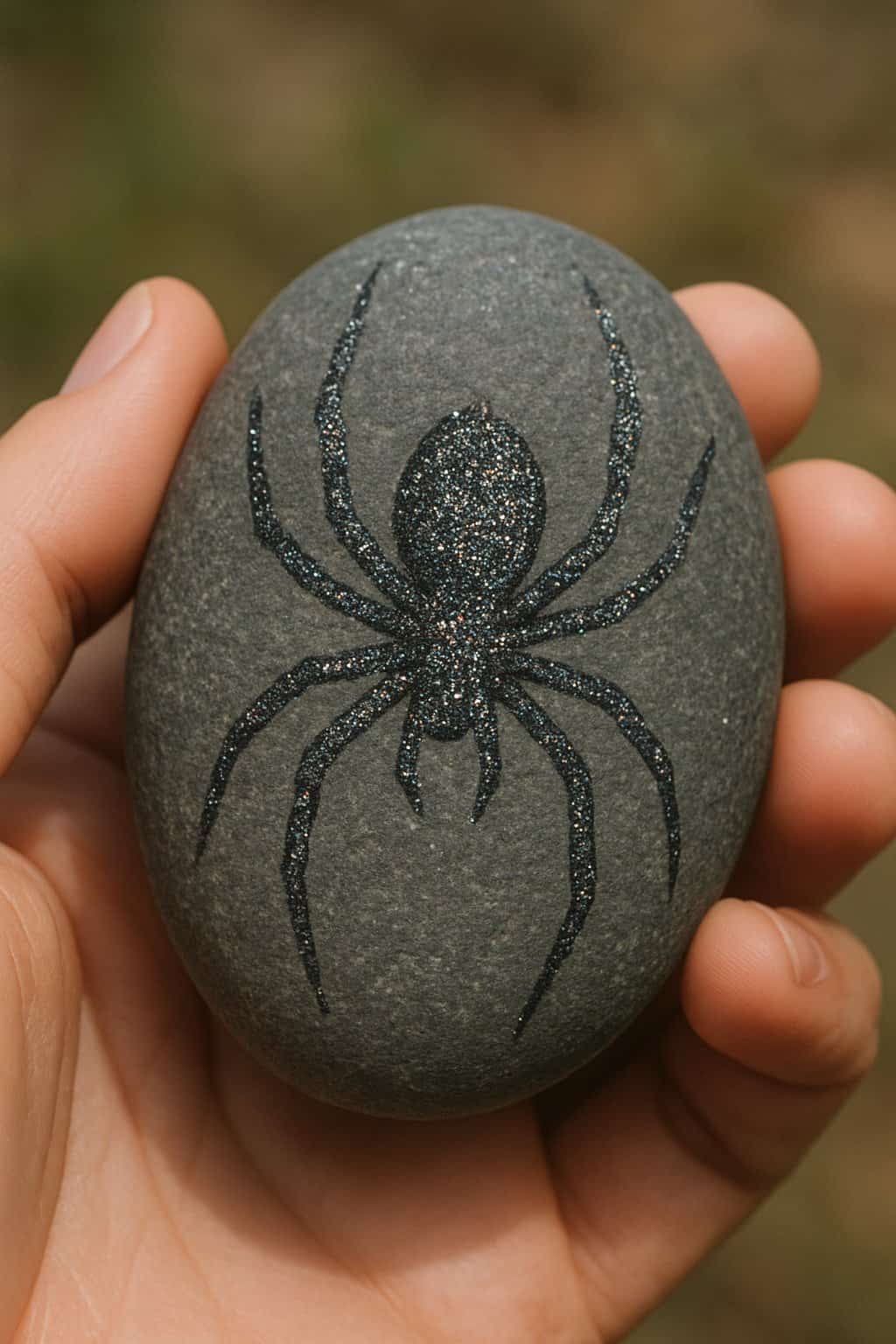 A hand holding a smooth painted river rock with a spider design covered in glitter.