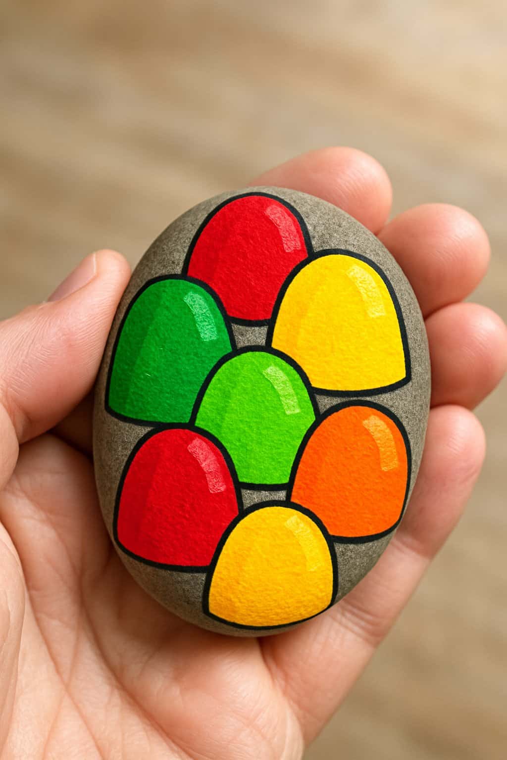 A hand holding a smooth river rock painted with colorful gumdrop designs.