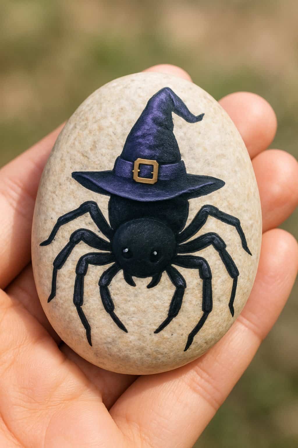 A hand holding a smooth river rock painted with a spider wearing a witch hat.